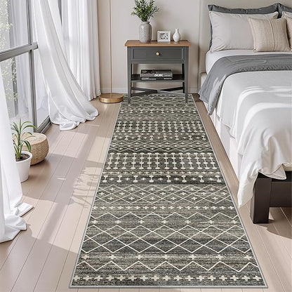Miukiki 2x8 Runner Rug Moroccan Washable Kitchen Rug Non Slip Indoor Floor Hallway Runner Rug Foldable Carpet for Bathroom Laundry Room with Low Pile(Black,2'x8')