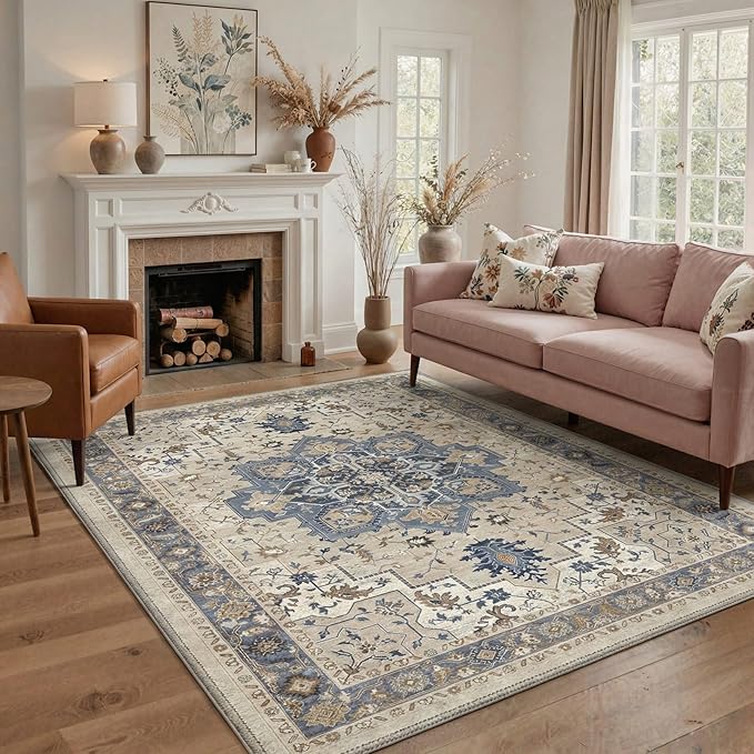 GENIMO 8x10 Area Rugs for Living Room, Machine Washable Rug, Non Slip Indoor Vintage Carpet, Low Pile Lightweight Chenille Print Carpet for Bedroom Dining Room Home Office, Blue Cream