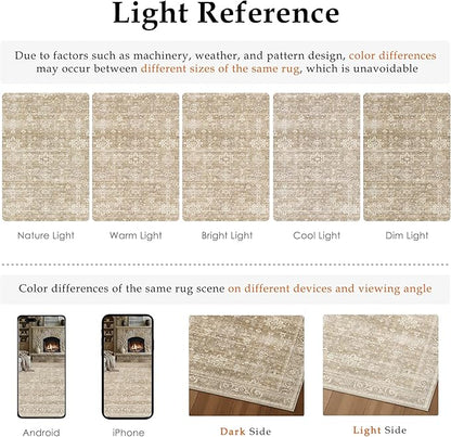 4x6 Washable Area Rug for Living Room Bedroom Vintage Beige Soft Low Pile Carpet Traditional Retro Non Slip Throw Rug for Dining Room Entryway Indoor Dorm Kitchen