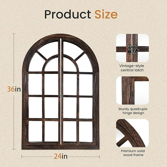 Arched Wall Mirror with Window Pane Design 36x24 Inch Rustic Farmhouse Wood Decorative Mirror for Living Room Bedroom Entryway