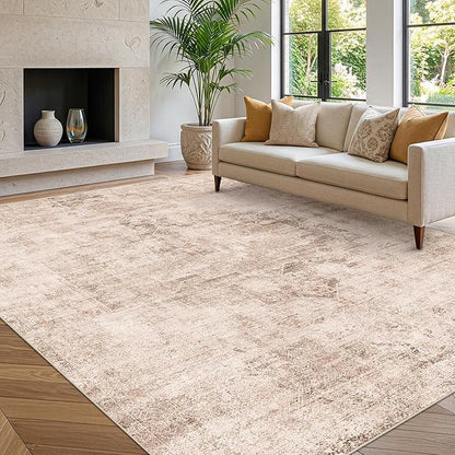 Hazo Haus Neutral Farmhouse Area Rug for Bedroom - 6x9 Washable Rug for Dining Room Table, Ultra-Thin Soft Textured Boho Indoor Decor, Fade & Stain Resistant