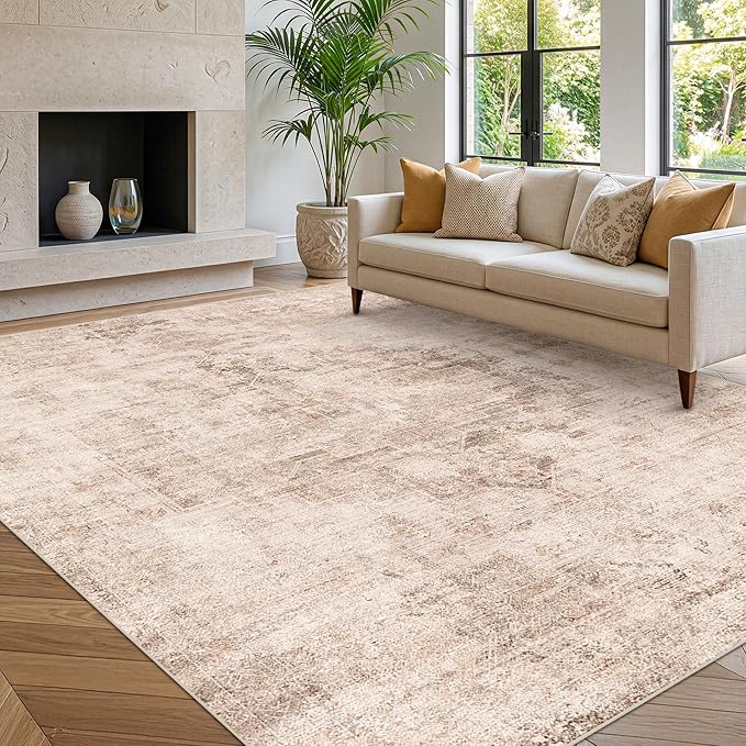 Hazo Haus Neutral Farmhouse Area Rug for Bedroom - 7x9 Washable Rug for Dining Room Table, Ultra-Thin Soft Textured Boho Abstract Indoor Decor, Fade & Stain Resistant