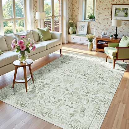 Sage Green Area Rugs 5x8 for Living Room, Washable Vintage Rugs for Bedroom, Distressed Throw Rug, Non Slip Rug Carpet for Bedroom Dining