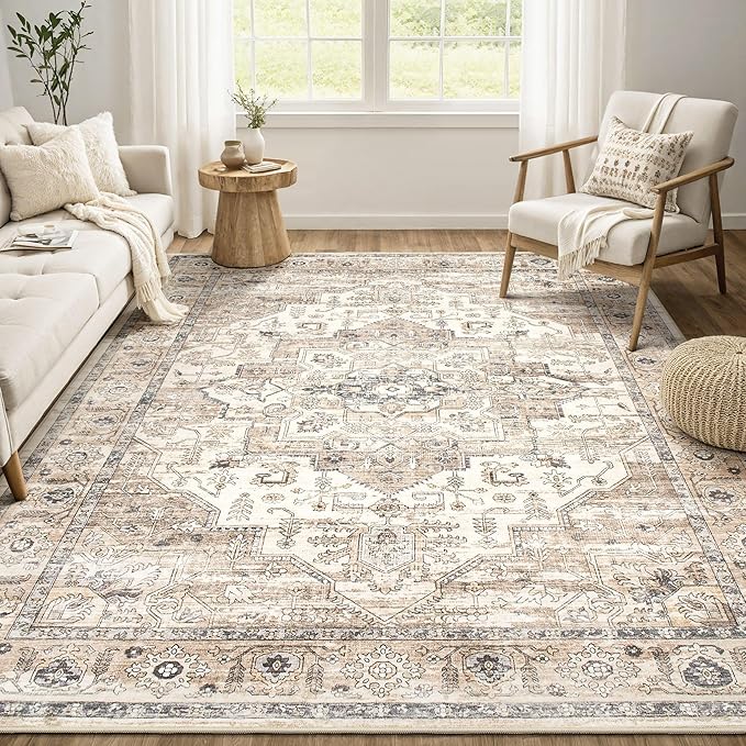 Area Rug 6x9 Washable Vintage - Soft Traditional Rugs for Living Room Large Non Slip Backing with Low Pile Farmhouse Oriental Retro Carpet for Bedroom Dining Room or Home Office - Tea Brown