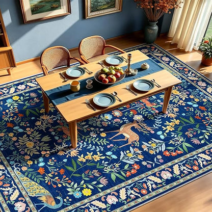 8x10 Blue Farmhouse Rugs for Living Room - Large Unique Washable Area Rug for Bedroom, Dining Room Under Table, Floral & Animal Design, Low Pile Soft Carpet