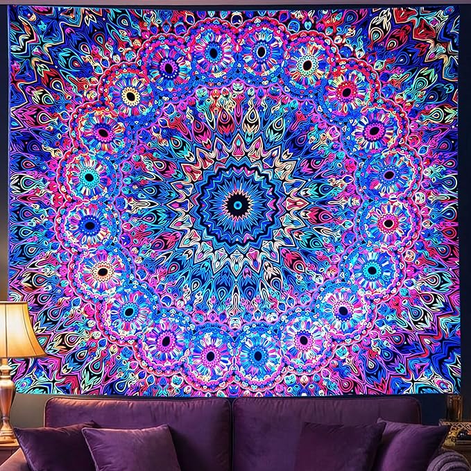 PRRPRR Blacklight Mandala Tapestry for Bedroom, UV Reactive Trippy Wall Tapestry, Bohemian Aesthetic Wall Art Decor for Adults Teens and Hippies(Mandala, 59"x51")
