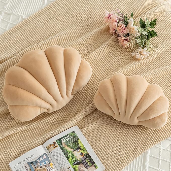 Shell Pillow, Shell Shaped Decorative Throw Pillows with Velet for Couch Bed, Cute Seashell Beachy Room Decor Aesthetic Throw Pillows for Bedroom Living Room(13x10 Inches, Champagne)