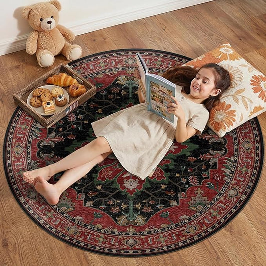 RELEANY Area Rugs Round 4ft Washable Non-Slip, Floral Vintage Distress Print Pattern Medallion Carpet for Living Room Bedroom Dining Room, Red Black