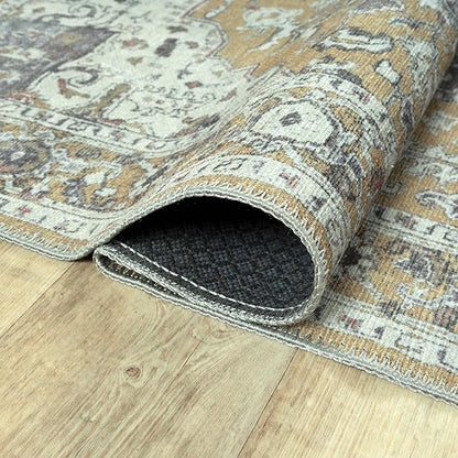 Bloom Rugs Washable Non-Slip 3' x 5' Rug - Yellow Traditional Medallion Area Rug for Living Room, Bedroom, Dining Room, and Kitchen - Exact Size: 3' x 5'