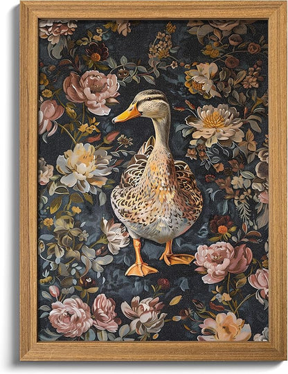 Vintage Duck Framed Wall Art, William Morris Floral Wall Decor, Cottagecore 3D Textured Art Print, Hand Drawn Sandstone Nature Botanical Pictures for Living Room Bedroom 12x16 inch