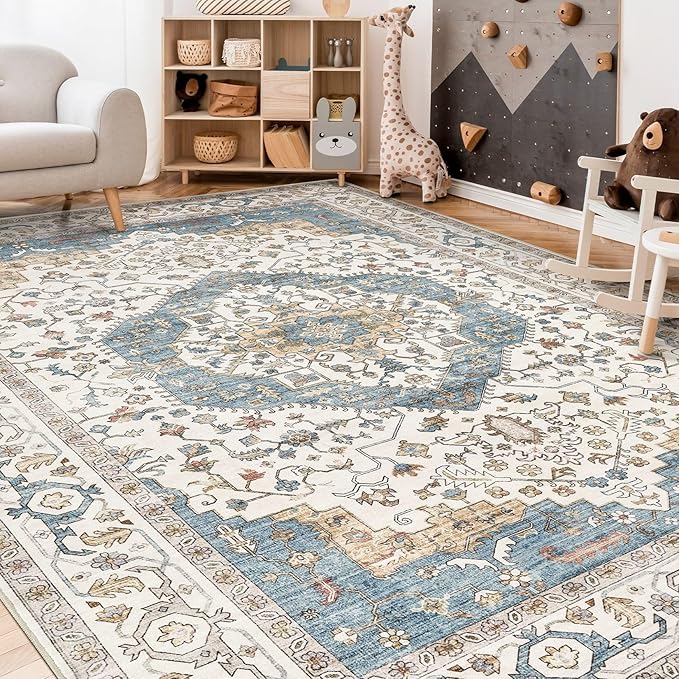Area Rug for Living Room - 7x9 Soft Washable Oriental Vintage Floral Distressed Large Carpet - Fade Stain Resistant Non Slip Rugs for Bedroom Dining Room Nursery Dorm Office Home Decor - Blue/Beige