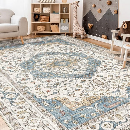 Area Rug for Living Room - 7x9 Soft Washable Oriental Vintage Floral Distressed Large Carpet - Fade Stain Resistant Non Slip Rugs for Bedroom Dining Room Nursery Dorm Office Home Decor - Blue/Beige