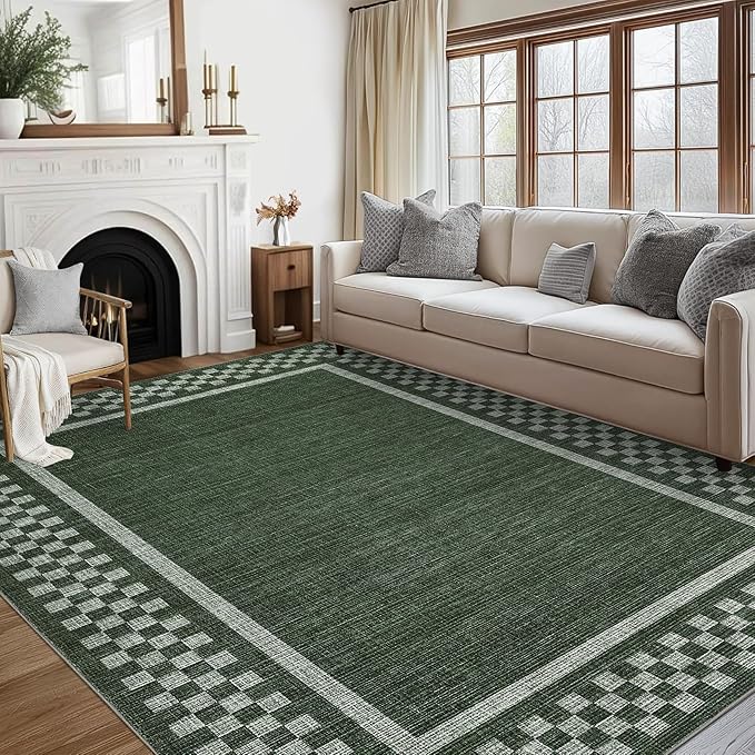 GarveeHome 5x7 Washable Area Rug for Bedroom Living Room Non Slip Modern Bordered Throw Rugs Low Pile Soft Checkered Dining Room Area Rugs Geometric Throw Carpet for Kitchen Nursery Office, Green