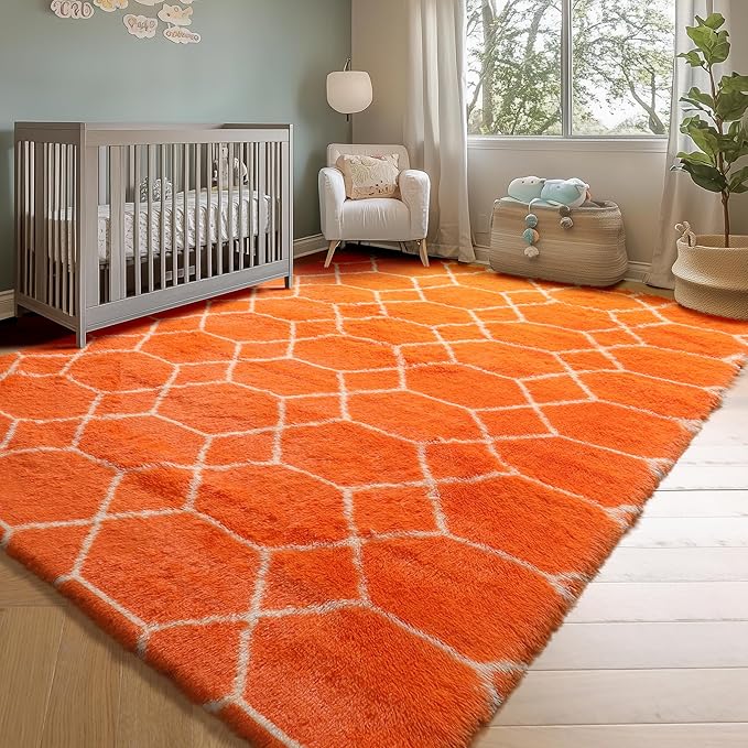 ONASAR Rugs for Living Room Bedroom, 5x8 Fluffy Orange and White Area Rug, Geometric Boho Soft Plush Shaggy Fuzzy Floor Carpet for Nursery Kids Girls Boys Teen Dorm Home Decor Aesthetic
