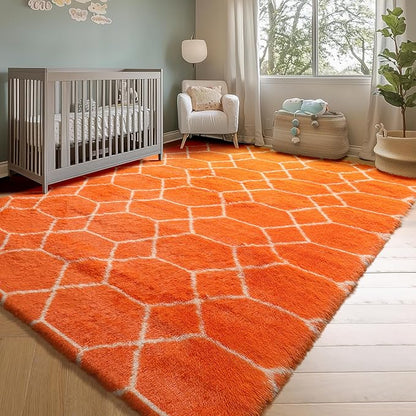 ONASAR Area Rugs for Bedroom Living Room, 4x6 Fluffy Orange and White Throw Rug, Geometric Soft Shaggy Fuzzy Plush Indoor Floor Carpet for Kids Teen Nursery Dorm Office Home Decor Aesthetic