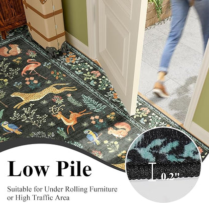 DUKINO 3x4 Washable Entryway Rug, Vintage Animal Ultra Soft Kitchen Area Rug with Non Slip Backing, Low Pile & Stain Resistant Indoor Door Mat for Bathroom, Bedroom, Laundry Room, Office, Black