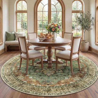 RELEANY Area Rugs Round 7ft Washable Non-Slip, Floral Vintage Distress Print Pattern Medallion Carpet for Living Room Bedroom Dining Room, Brick Red Rust Neutral Brown Burnt Orange Green