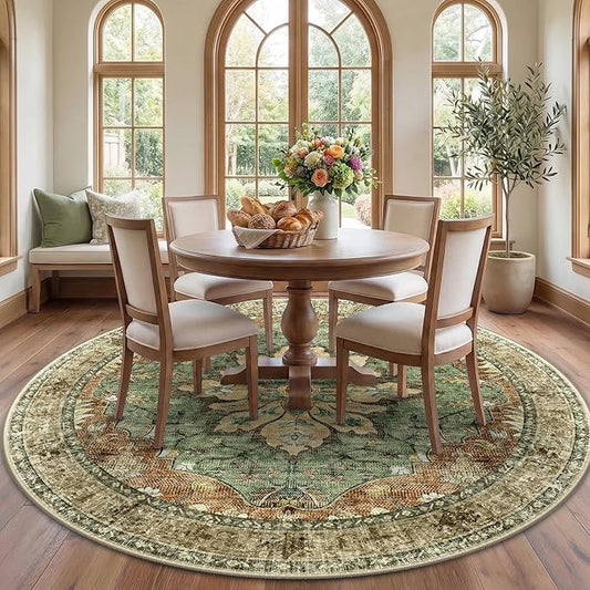 RELEANY Area Rugs Round 7ft Washable Non-Slip, Floral Vintage Distress Print Pattern Medallion Carpet for Living Room Bedroom Dining Room, Brick Red Rust Neutral Brown Burnt Orange Green