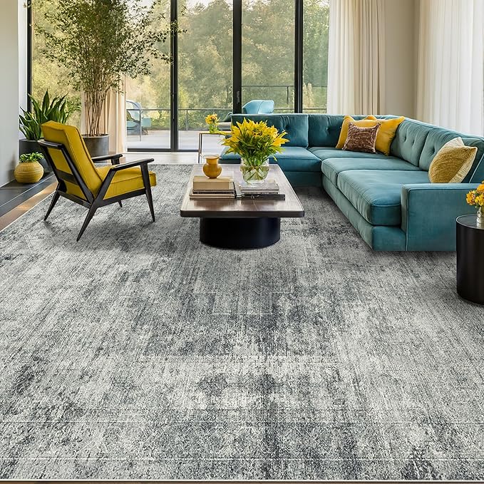 Hazo Haus Large Slate Blue Rug for Living Room - Neutral Farmhouse 9x12 Area Rug for Dining Room, Bedroom Under Bed, Non Slip with Rubber Backing & Stain Resistant Dark Gray Decor