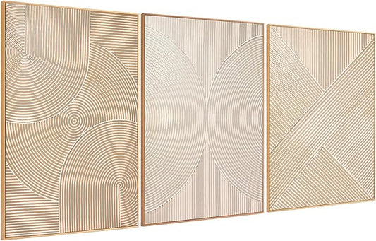 Zessonic Large Textured 3D Wall Art Neutral Set of 3-24"x36" Hand-Painted Abstract Canvas Framed Paintings Brown for Living Room, Bedroom - Modern Minimalist Neutral Boho Decor