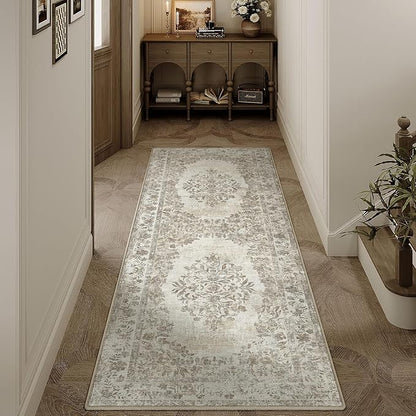 PureCozy 2x6 Runner Rug Beige Washable Hallway Kitchen Bedroom Vintage Distressed Bathroom Non Slip Medallion Floral Carpet Indoor Retro Throw Floor Mat for Office Dining Laundry Living Room