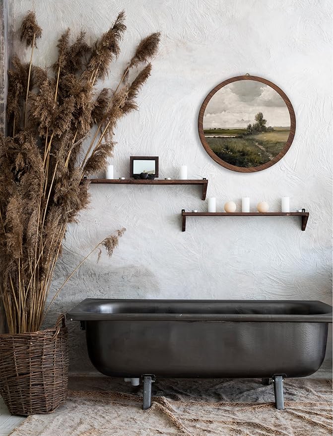 Rustic Landscape Hanging Wall Decor, Vintage Rustic Cottage Landscape Round Wooden Wall Art, Countryside Farmhouse Western Retro Decorations for Apartment Home Living Room Bedroom Bathroom Office, 12