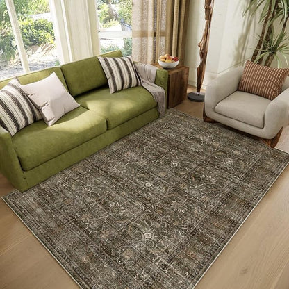 Washable 4x6 Rugs for Living Room, Boho Non-Slip Vintage Distress Small Rugs for Bedroom Nursery Office, 0.3" Neutral Oriental Throw Thin Carpet with Cushioning Pad, Rust/Multi, D2