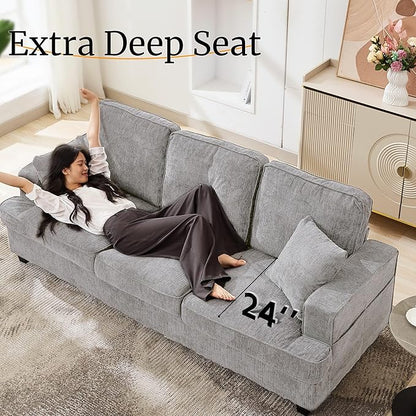 Korser Three Seater Couch for Living Room, Sofa Couches with Deep Seat & Armrest, Comfy Modern Sofas in Chenile for Living Room Bedroom Office Apartment, Pewter