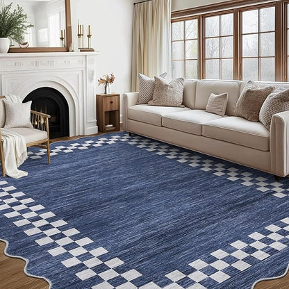GarveeHome 8x10 Area Rug for Living Room Scalloped Washable Large Bedroom Rug Non Slip Stain Resistant Modern Border Dining Room Throw Carpet Scalloped Boho Rug for Home Decor Office Nursery, Blue