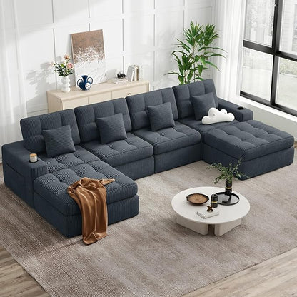 144" U Shaped Cloud Boneless Couch,Modern Modular Sectional Sofa with Layered Cushion,No Assembly Convertible Corduroy Couches for Living Room,Grey 1 PCS