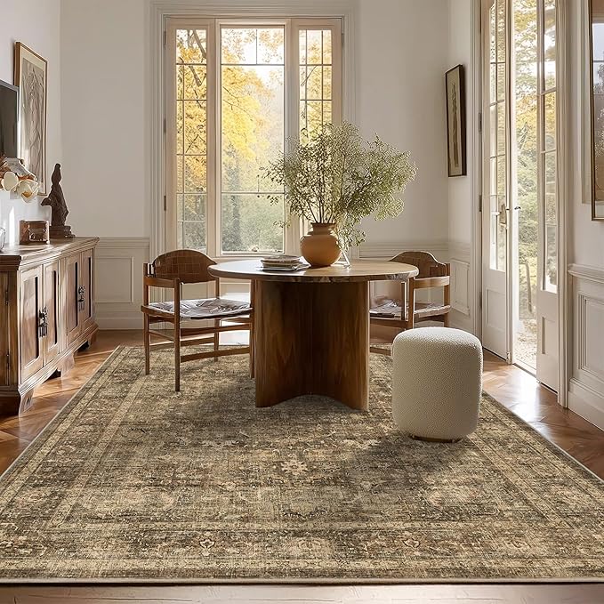5x7 Brown Washable Area Rugs for Living Room Non Slip Low Pile Vintage Boho Throw Rug Soft Retro Distressed Floral Carpet Indoor Farmhouse Decor for Bedroom Dining Room Office Kitchen Playroom
