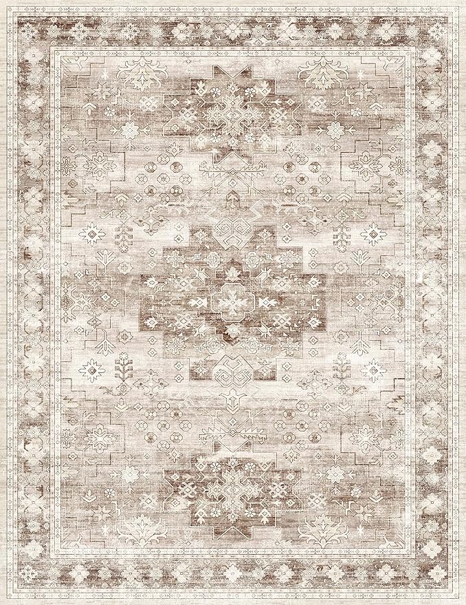 Boho 7x9 Area Rug for Living Room - Washable Beige Dining Room Rug Under the Table, Low Pile Non-Slip Rugs for Bedroom, Office - Charming Geometric Decor & Stain Resistance (7x9 Beige/Latte)