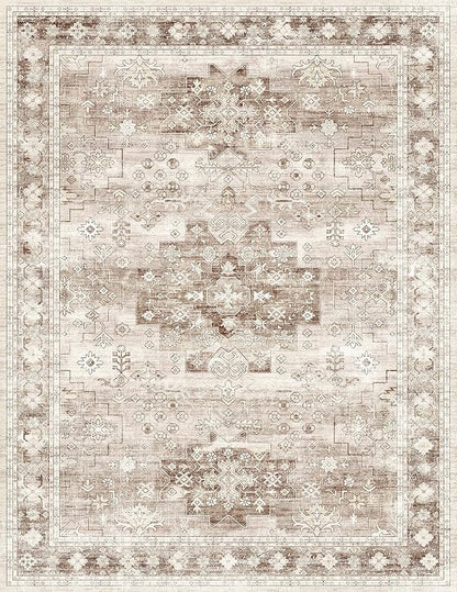 Boho 7x9 Area Rug for Living Room - Washable Beige Dining Room Rug Under the Table, Low Pile Non-Slip Rugs for Bedroom, Office - Charming Geometric Decor & Stain Resistance (7x9 Beige/Latte)