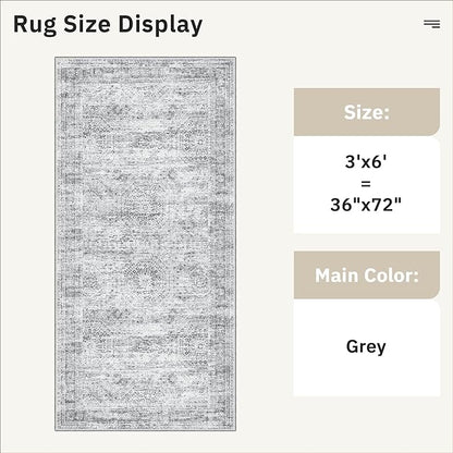 Soalmost Runner Rug 3x6 Washable Non-Slip Kitchen Runner Rugs for Bathroom Laundry Room Grey Vintage Floor Carpet Runners for Hallway Entryway