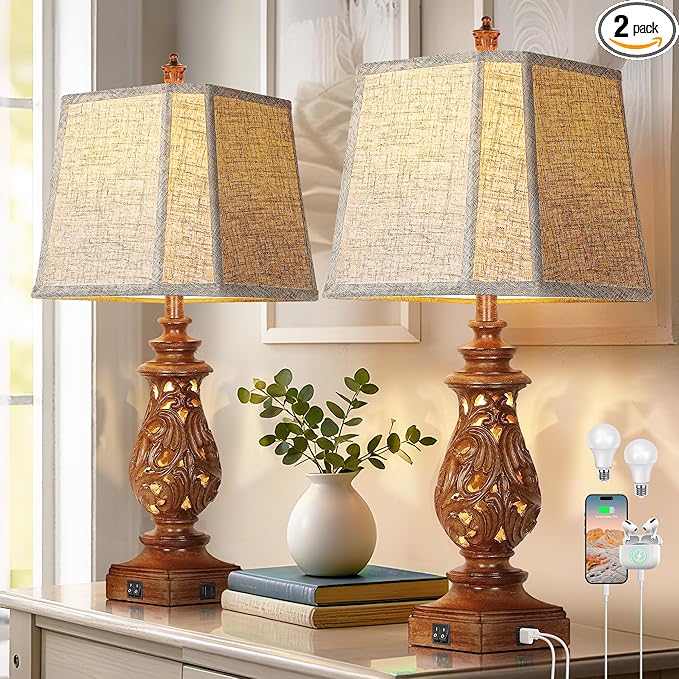 PARTPHONER 29" Table Lamps Set of 2, Bedside Lamps with USB A+C Ports & Night Light, Farmhouse Nightstand Lamps with Linen Fabric Shades for Bedroom Living Room, Wood Grain (LED Bulbs Included)