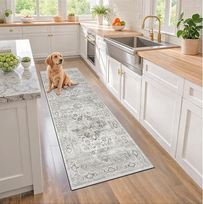 Hallway Washable 2.6x8 Runner Rug - Kitchen Rugs with Non Slip Backing Vintage Soft Farmhouse Entryway Mat for Living Room Laundry Bedroom Bathroom Ivory/Gray