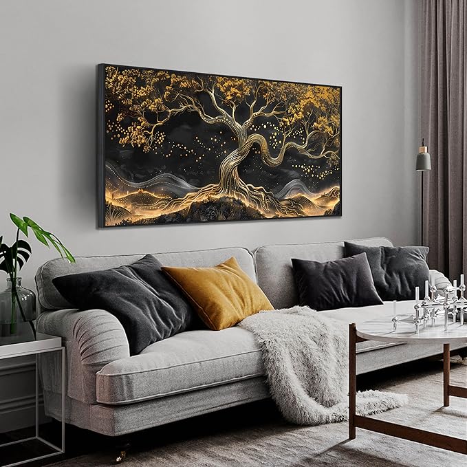 Gold Trees Pictures for Living Room - Modern Art Wall Decor for Office - Black Framed Wall Art Ready to Hang Size 24" x 48"