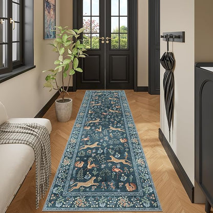 DUKINO 2x6 Rug for Hallway, Washable Kitchen Runner Rug with Non Slip Backing, Soft Low Pile Vintage Animal Runner for Bedroom, Kitchen, Hallway, Entryway, Laundry, Blue