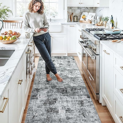 Rug Runners for Hallways Non Slip – 3X10 Washable Long Carpet Runner for Kitchen Indoor Entryway, Bedroom, Living Room,Modern Abstract Low-Pile Thin Grey Runner