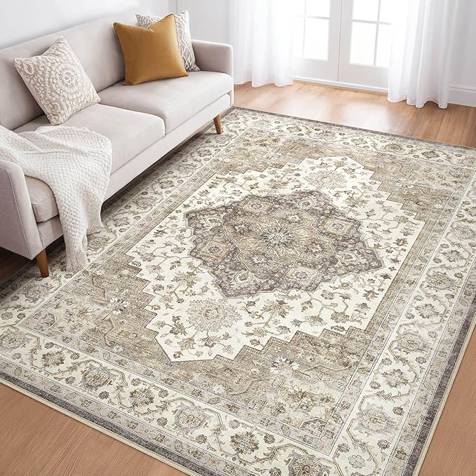 6x9 Area Rugs Living Room: Washable Boho Large Neutral Vintage Soft Rug Stain Resistant Farmhouse Non-Slip Indoor Floor Carpet for Bedroom Nursery Kids Playroom Office Dining Room Home- Brown Beige