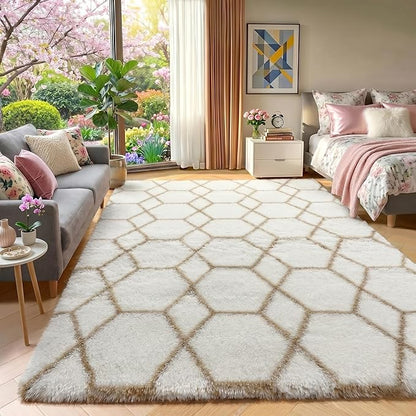 ONASAR Area Rugs for Bedroom Living Room, Fluffy 4x6 White and Beige Throw Rug, Geometric Boho Shaggy Soft Plush Indoor Floor Carpet for Nursery Kids Girls Boys Teen Dorm Home Decor Aesthetic