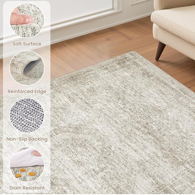 EIEIHOUSE Washable Area Rugs for Living Room -10x12 Neutral Vintage Distressed Floral Farmhouse Boho Large Soft Floor Rug Indoor Non Slip Carpet for Living Room Bedroom Dining Room Office - Beige