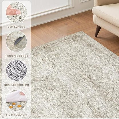 EIEIHOUSE Washable Area Rugs for Living Room -10x12 Neutral Vintage Distressed Floral Farmhouse Boho Large Soft Floor Rug Indoor Non Slip Carpet for Living Room Bedroom Dining Room Office - Beige