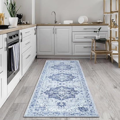 Bloom Rugs Washable Non-Slip 7 ft Runner - Gray/Blue Traditional Medallion Runner for Entryway, Hallway, Bathroom, and Kitchen - Exact Size: 2.5' x 7'