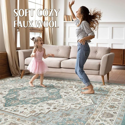 7x10 Area Rug Living Room: Washable Boho Large Neutral Vintage Soft Rug Stain Resistant Farmhouse Non-Slip Indoor Floor Carpet for Bedroom Nursery Kids Playroom Office Dining Room Home- Teal Brown