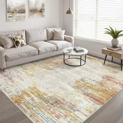 9x12 Area Rugs Living Room: Washable Large Neutral Rug Abstract Soft Modern Stain Resistant Indoor Floor Non-Slip Carpet for Bedroom Nursery Kids Classroom Playroom Dining Room Office- Gold Colorful