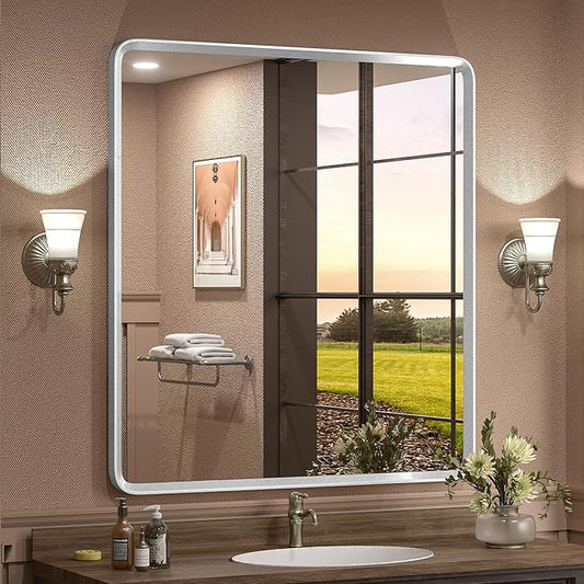 32x36 Inch Silver Bathroom Mirror, Silverirsh Paint Metal Frame Silver Mirror, Rounded Rectangle Bathroom Vanity Mirror, Shatterproof, Anti-Rust (Horizontal/Vertical)