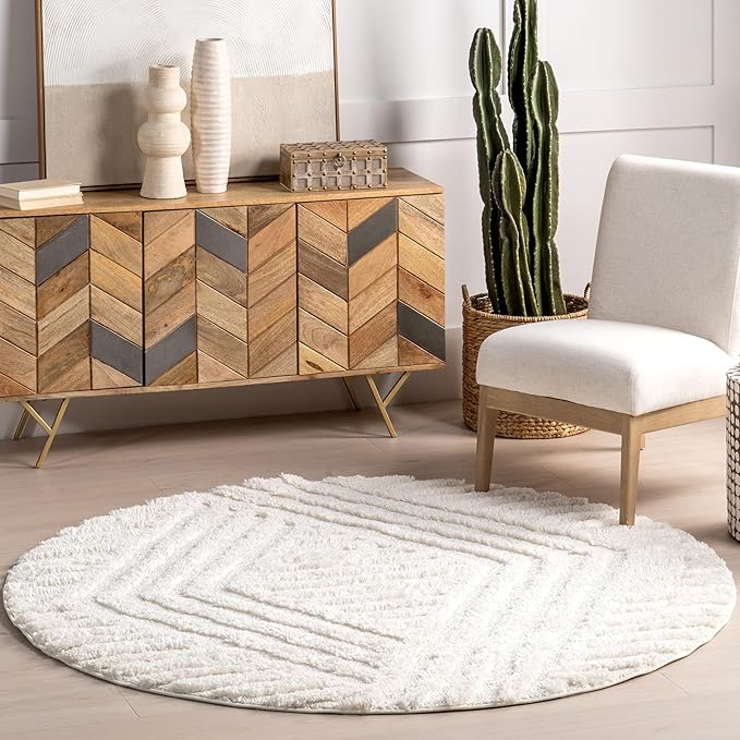 Nuloom Risette Ivory, 8' Round, Geometric, Soft and Textured, High Traffic, Stain Resistant, Easy Clean, Durable Area Rug for Bedroom, Living Room, Dining Space, Den, Foyer, Entryway