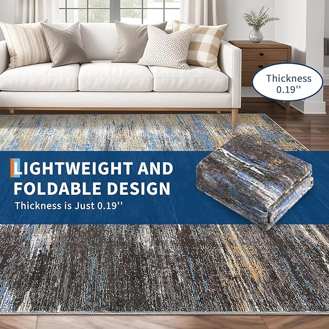ROYHOME Washable Runner Rug 2x6 Modern Abstract Kitchen Rugs, Non Slip Bathroom Rug, Low Pile Laundry Room Soft Long Carpet for Hallway Bedroom Entryway, Blue/Brown