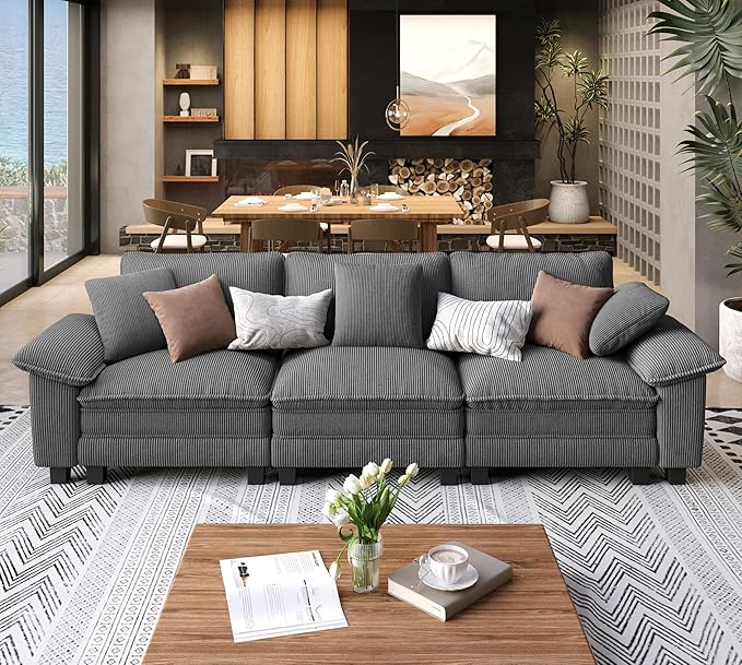 SUNSHINE VALLEY 3 Seat Modular Sofa, 123.6'' Oversized Modern Corduroy Sectional Couch with Removable Armrest and Pillow, Upholstered Cloud Deep Seat Sofa for Living Room, Grey